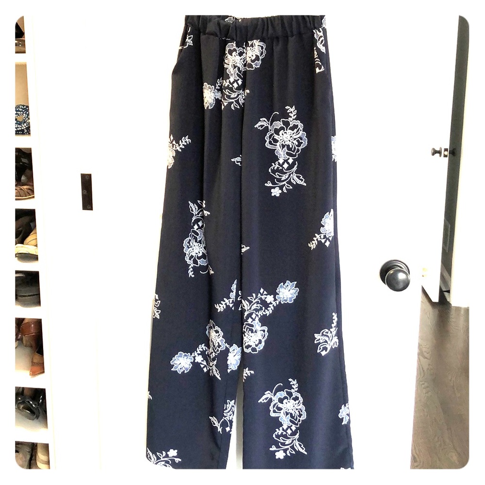 Navy Harem Pants with White Floral Detail